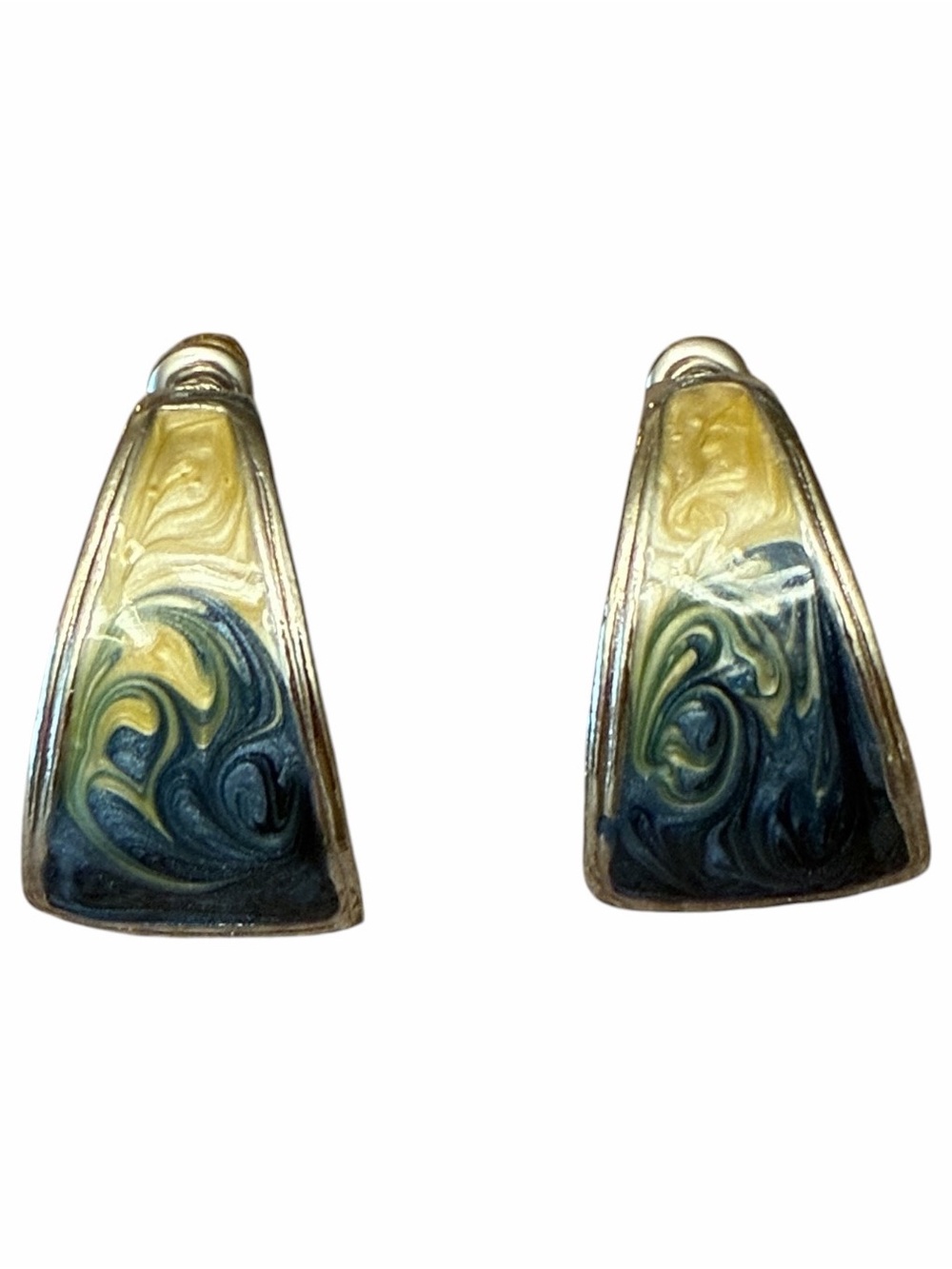 Vintage Silver tone Yellow and Navy Swirl Enamel Clip on Drop Earrings